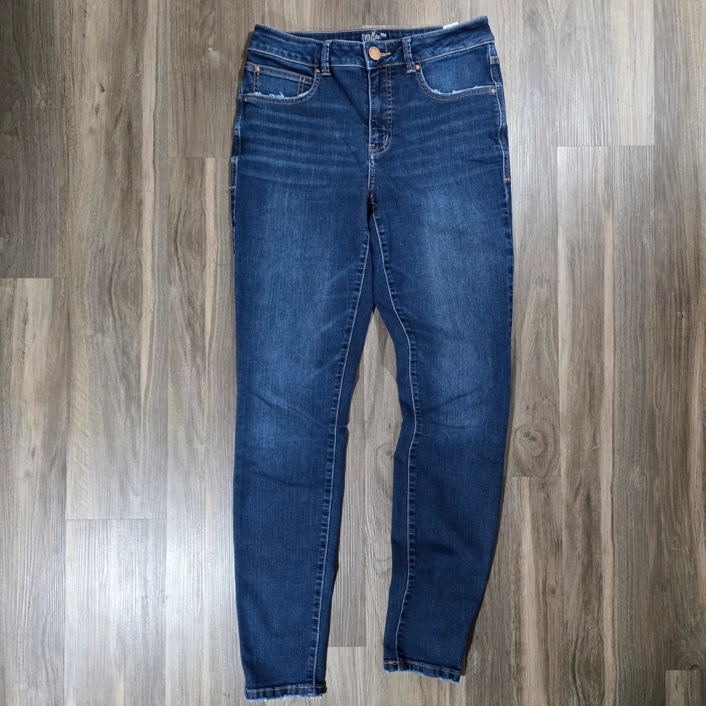 Maurices Everflex‎ High Rise Skinny Jeans Dark Wash Raw Hem 8 Long 1015
